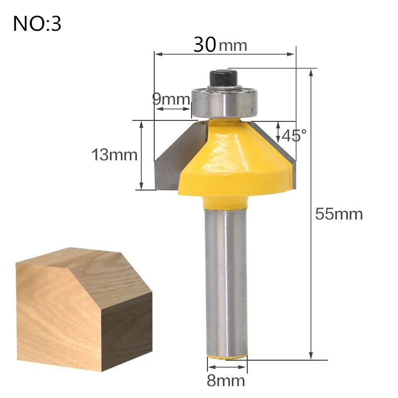 1 шт. 8 мм хвостовик профилирование кромок древесины маршрутизатор бит с подшипником 45 градусов Деревообработка обрезки Фрезерный резак древесины режущие инструменты - Длина режущей кромки: NO 3