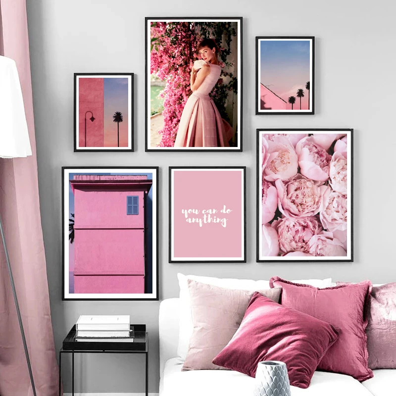 Nordic City Printing Poster Pink Architecture Night View Flowered Beach Girl Canvas Painting Wall Art Modern Living Room Decor | Дом и сад