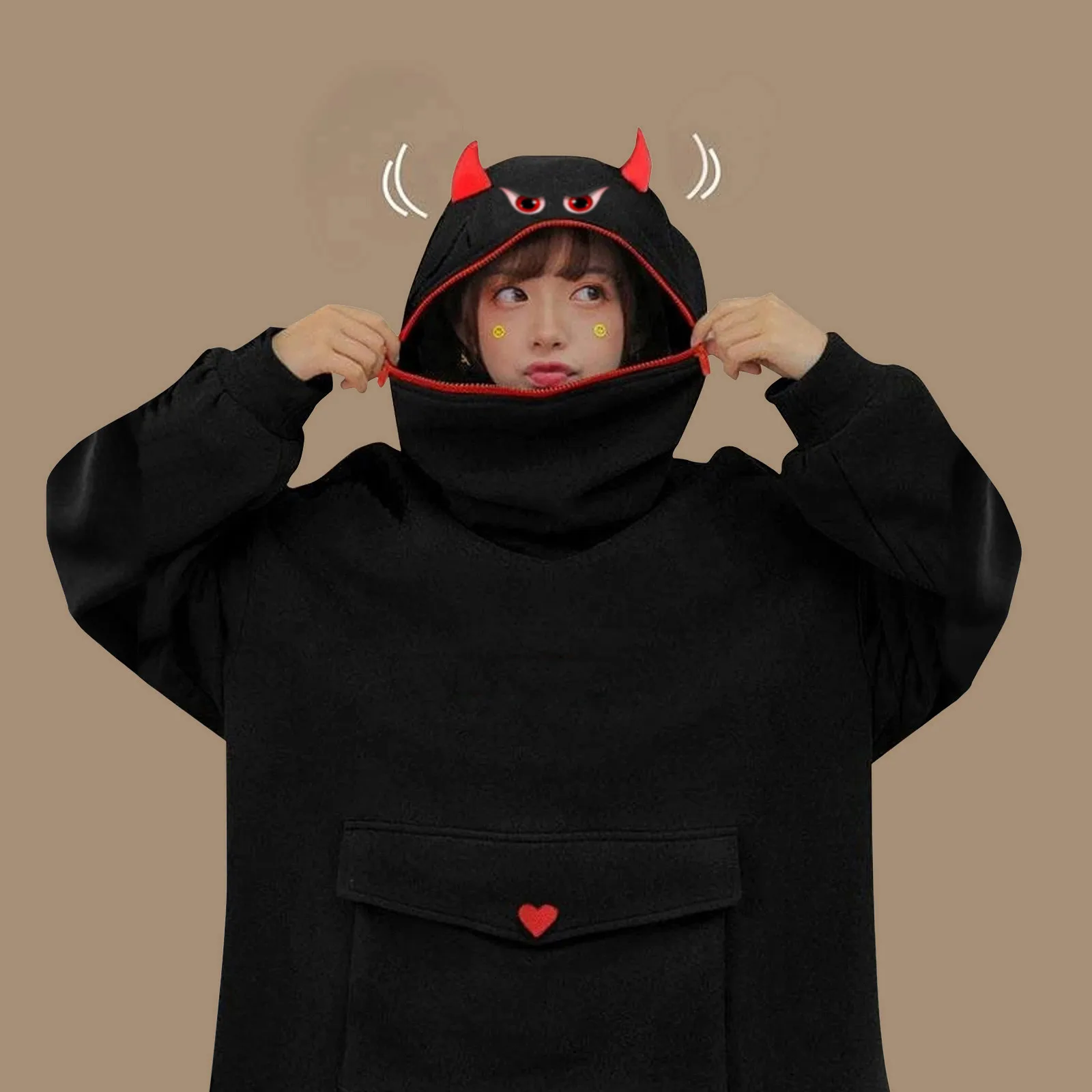 Women's Winter Parka 3D stitching cute little devil design pullover Solid sweatershirt WIth Big Pockets Oversized Pull épais | Женская