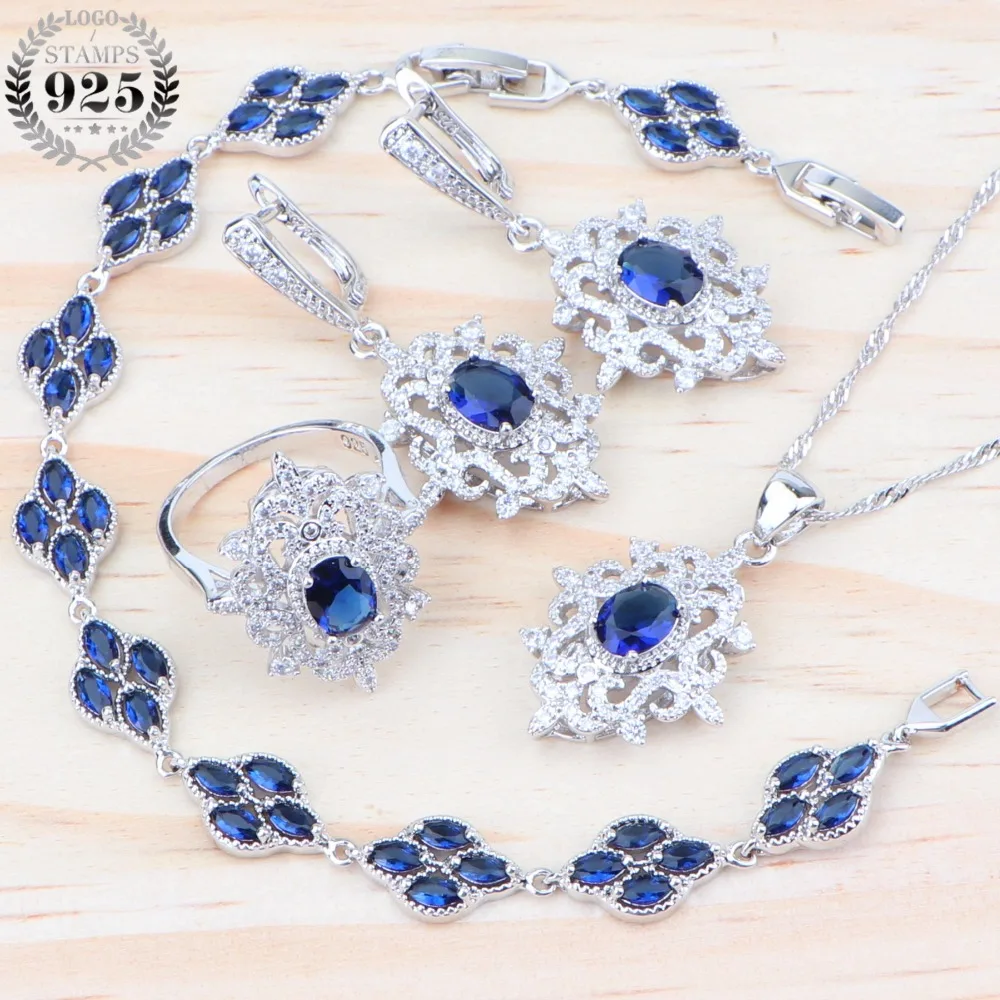 Голубой цирконий Женские Ювелирные наборы для серебра 925 костюм бижутерия кольца камень браслет, ожерелье, серьги кулон свадебный набор