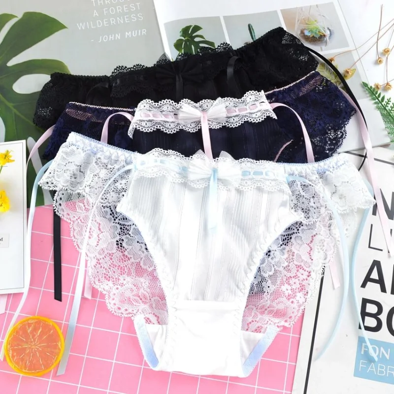 

Japanese Sexy Transparent Lace Underwear Women Seamless Panties Thongs Kawaii Panty Loli Lingerie Cute Briefs Black White Blue