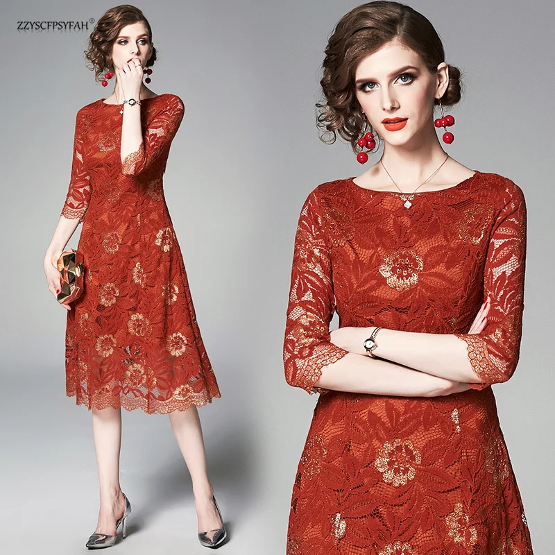 

ZT6248 Spot European Station Summer New Fashion Lace Dress Round Neck Seven-Sleeve Slim Medium-length Dress