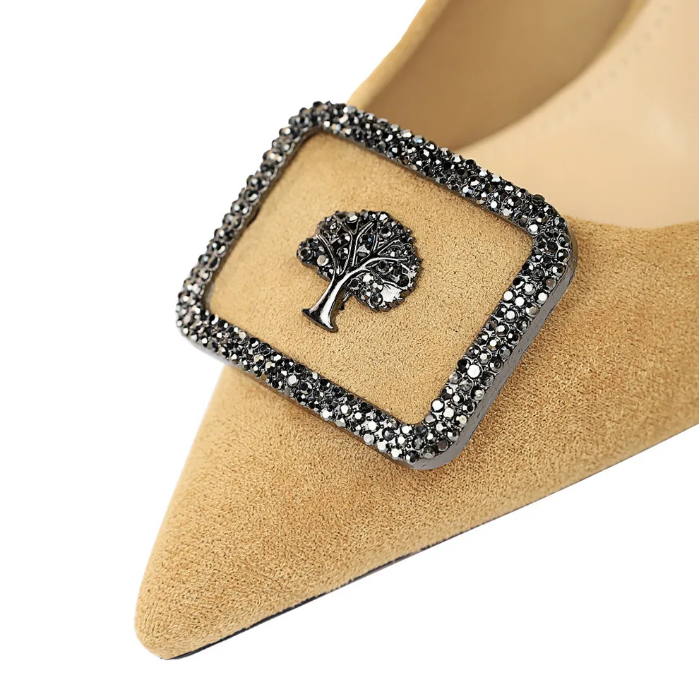 Женские замшевые туфли-лодочки для стриптиза на высоком каблуке 9,5 см; женские пикантные офисные туфли из флока на розовом каблуке с острым носком, украшенные кристаллами; цвет желтый