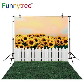 

Funnytree Summer Photography Backdrop Sunflower Pastel Sky Fence Grass Autumn Background Photo Studio Child Newborn Photophone