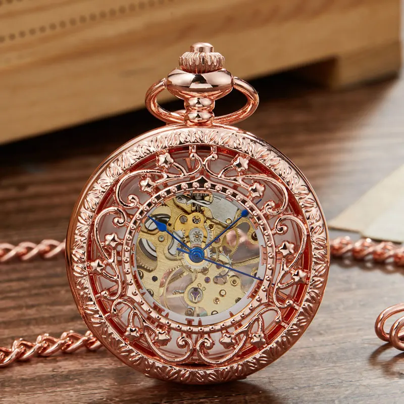 

New Rose Gold Mechanical Pocket Watch With Chain Steampunk Skeleton Hollow Hand-winding Pendant Clock Men Women Relgio de bolso