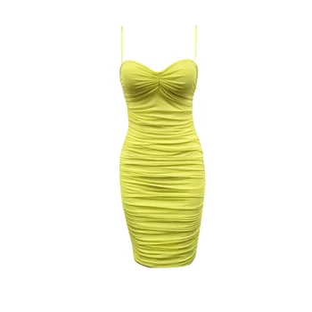 

2019 summer new yellow pleated bandage dress sleeveless adjustable spaghetti bodycon sexy sweetheart neckline party dress