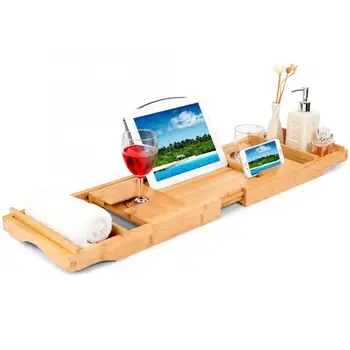 

Bamboo Bathtub Tray Nonslip Bath Tray Spa Bathtub Caddy Organizer Book Wine Tablet Holder Reading Rack with Extending Side