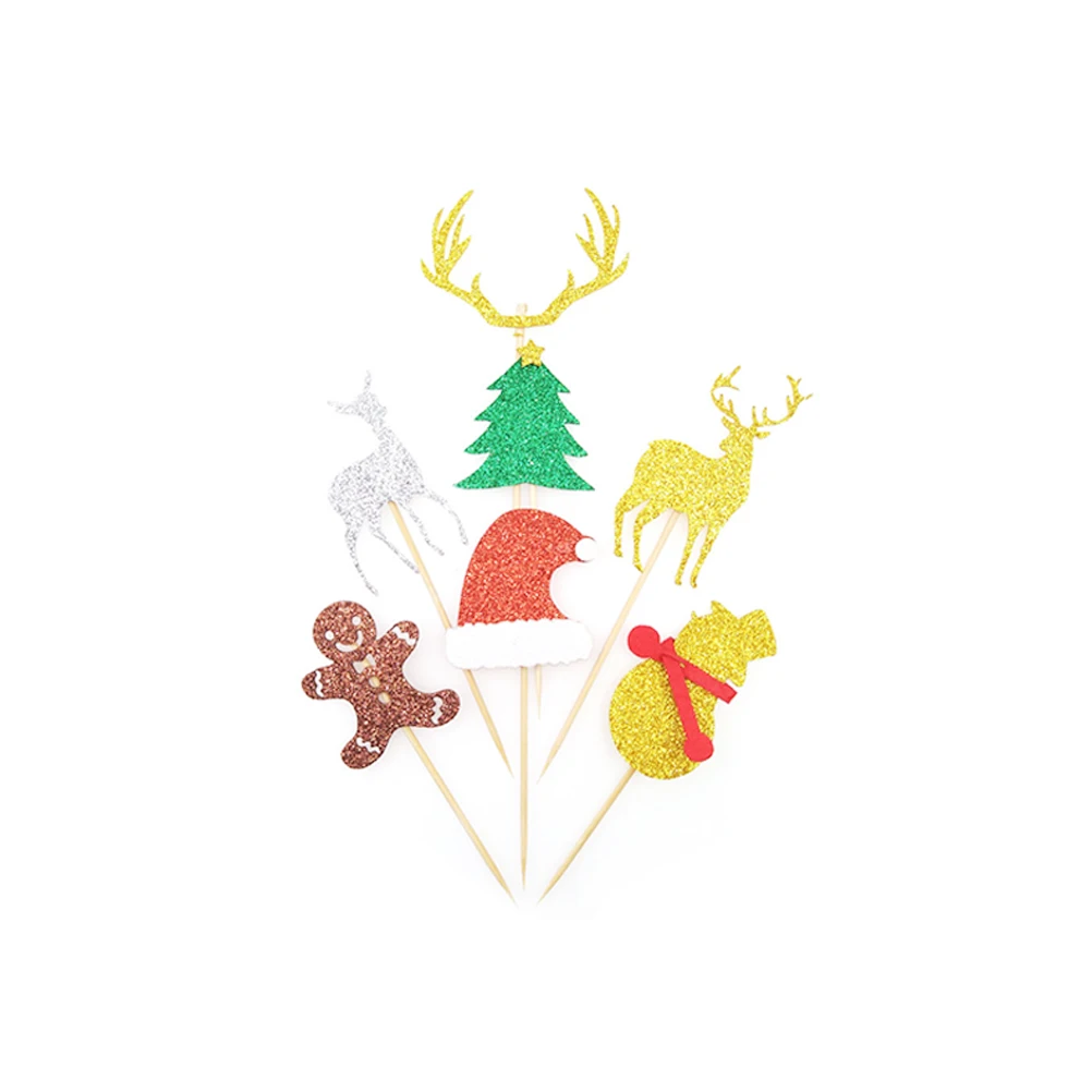 12pcs Cloth Cake Topper Elk Snowman Creative Christmas Cupcake Topper Cake Pick Decor Dessert Pick For Christmas Party Supplies