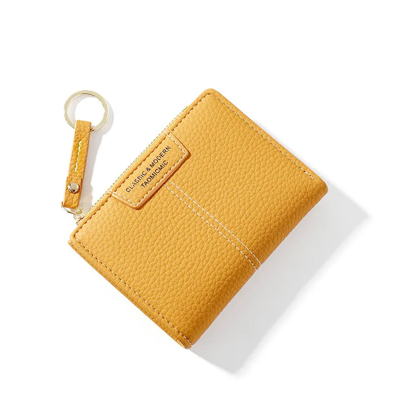 Cartera de piel sintética suave para mujer, cartera amarilla de marca, monedero Mini con broche, tarjetero, billetera corta, Bolso pequeño Delgado, llavero con cremallera