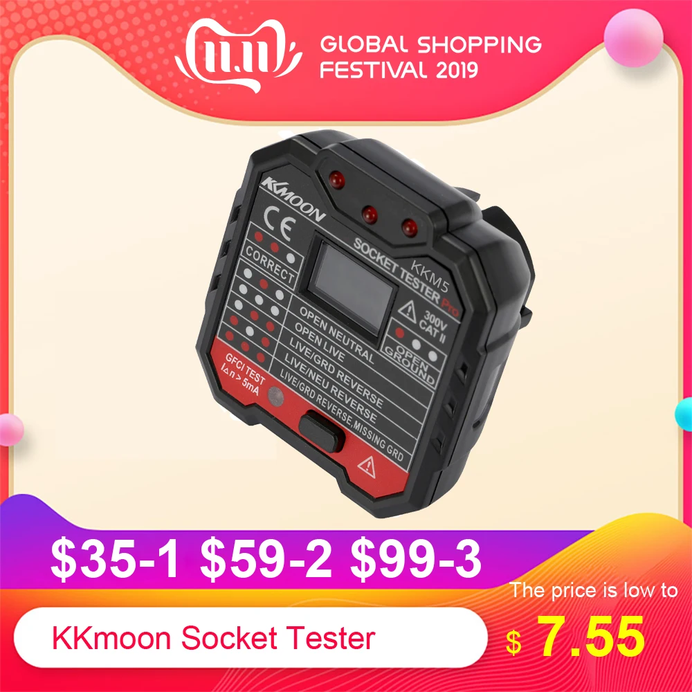 

Digital Display Electric Socket Tester Detector Portable Circuit Polarity Voltage Tester Wall Plug Breaker Finder RCD Test Tool