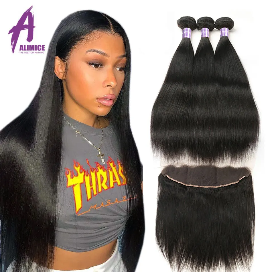 Online Alimice Indian Straight Hair Bundles With Frontal 13X4 Lace frontal With Bundles Remy Indian Hair Weave Human Hair Extensions