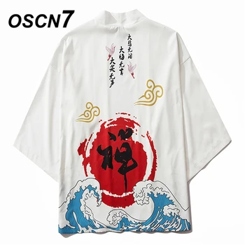 

OSCN7 Printed Kimono Cardigan Shirt Men 2020 Japanese Streetwear Three Quarter Sleeve Coat Shirts Harujuku Mens Shirt 6036