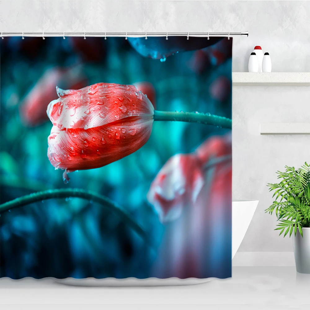 

Водонепроницаемая занавеска для ванной, штора для душа с узором в виде красных цветов тюльпанов, капель воды, с цветочным 3D рисунком растений, декоративная ткань для ванной