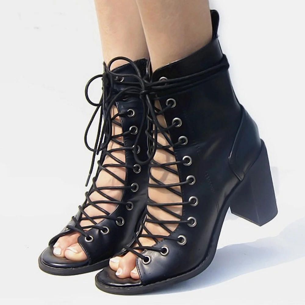 

Cut-Out Ankle Women Sandals Real Photo Lace-Up Peep Toe Square Chunky Heels Shoes Black/brown Fashion Gladiator Beat Quality