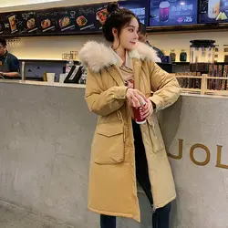 Зимняя женская куртка с меховым воротником, повседневные плотные теплые длинные парки, женские куртки с карманами, манто Femme Hiver