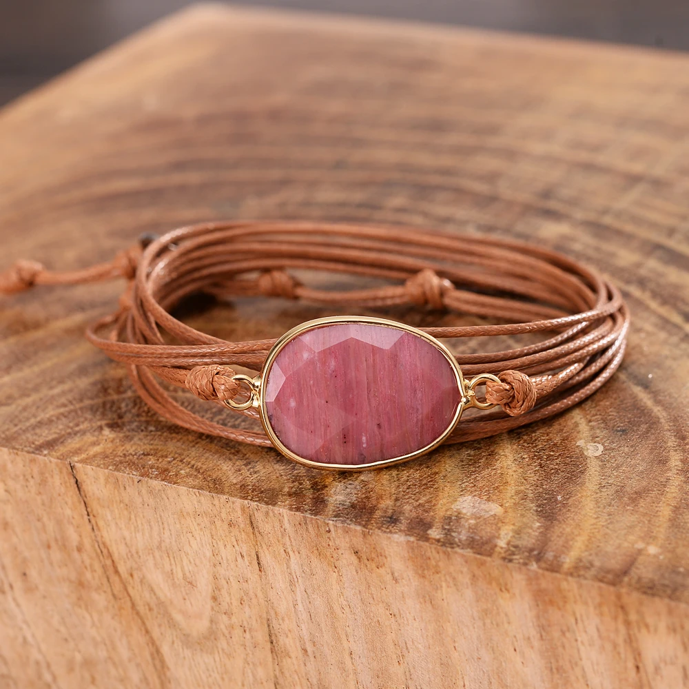 

Healing Stone Wrap Bracelet 5 Layers Rope Boho Long Friendship Bracelet Women Unique Gifts Beaded Bracelet Stainless Steel Round