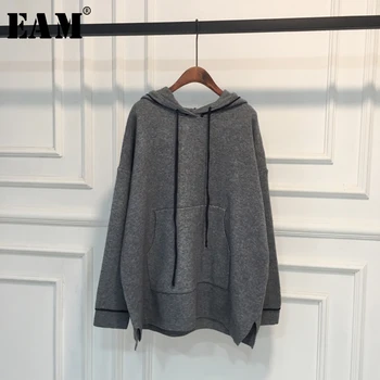 

[EAM] Gray Big Size Knitting Sweater Loose Fit Hooded Long Sleeve Women Pullovers New Fashion Tide Autumn Winter 2020 1X400