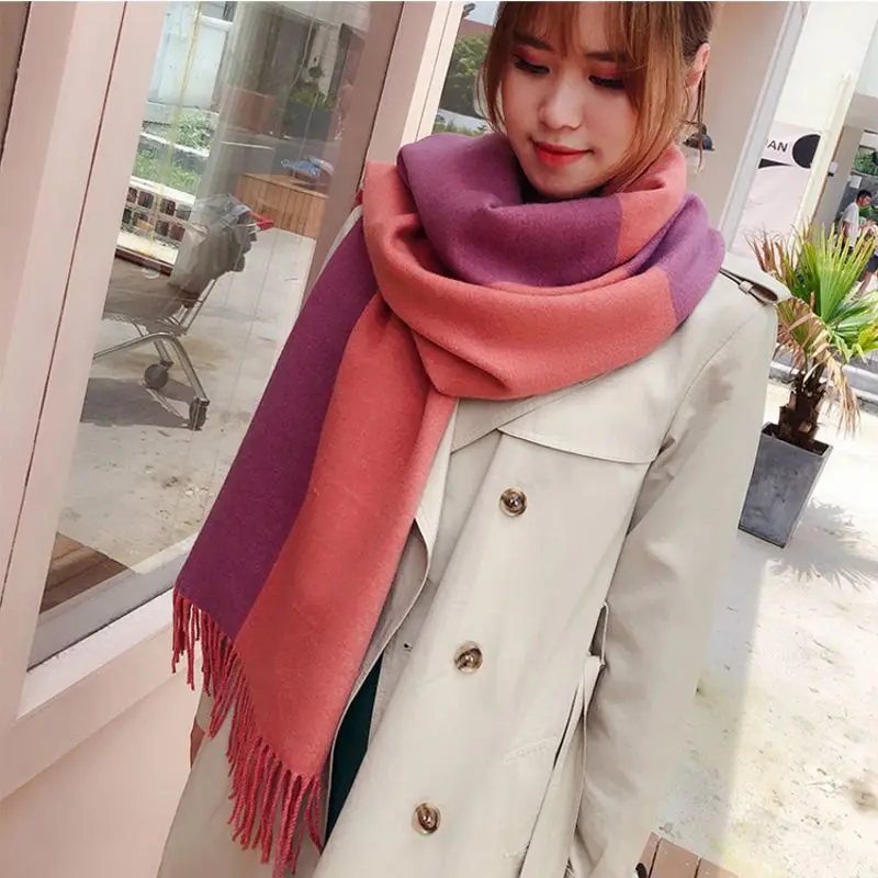 purple and pink Зимние Для женщин кисточкой утолщение теплый шарф в комплекте Цвет шарф-шаль двойного назначения-имитация кашемировый шарф - Цвет: purple and pink