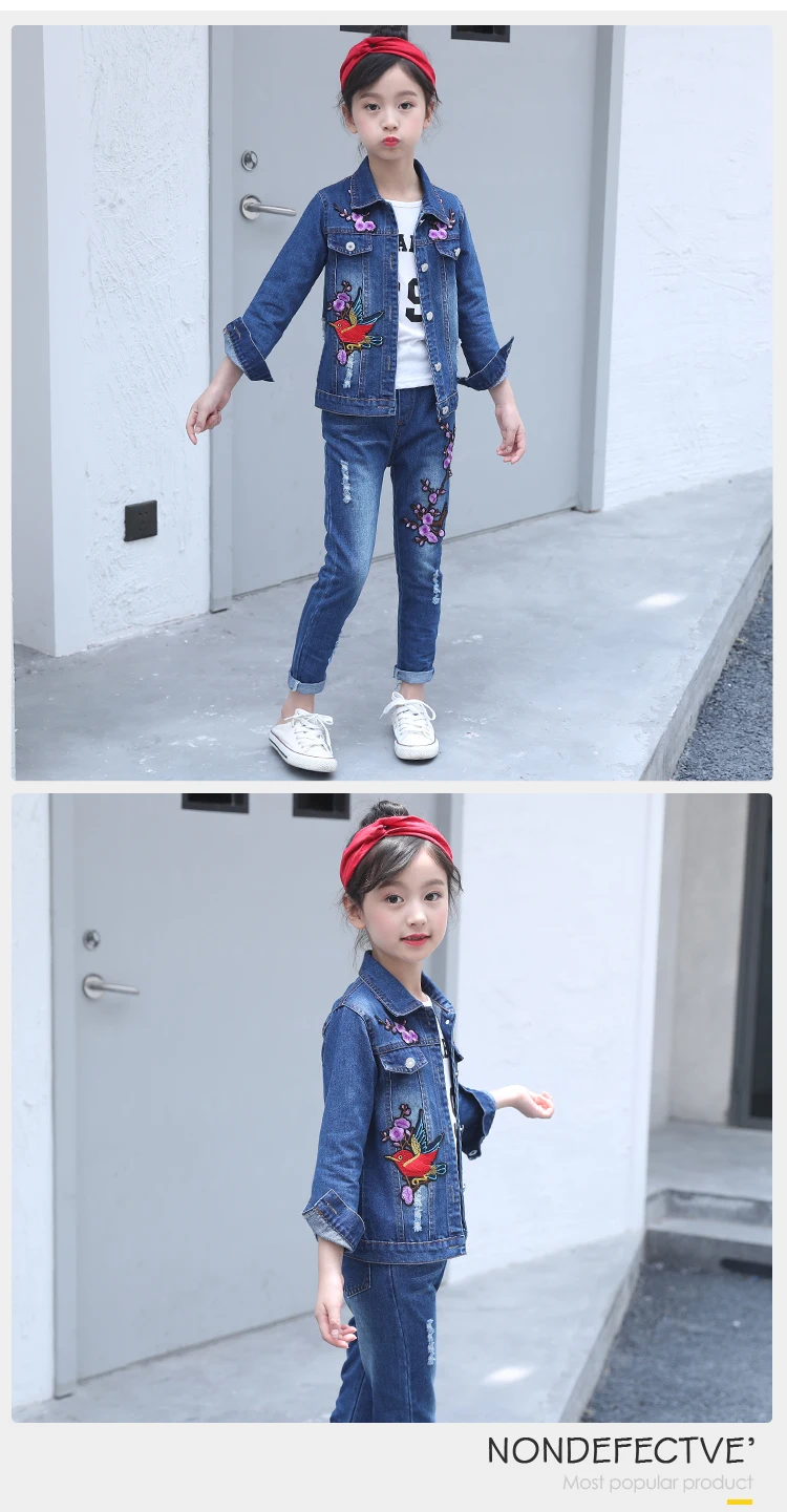 Boutique Kids Spring Autumn Floral Two Piece Outfit Embroidery Purple Flowers Jacket Girls Denim Matching Jeans Set