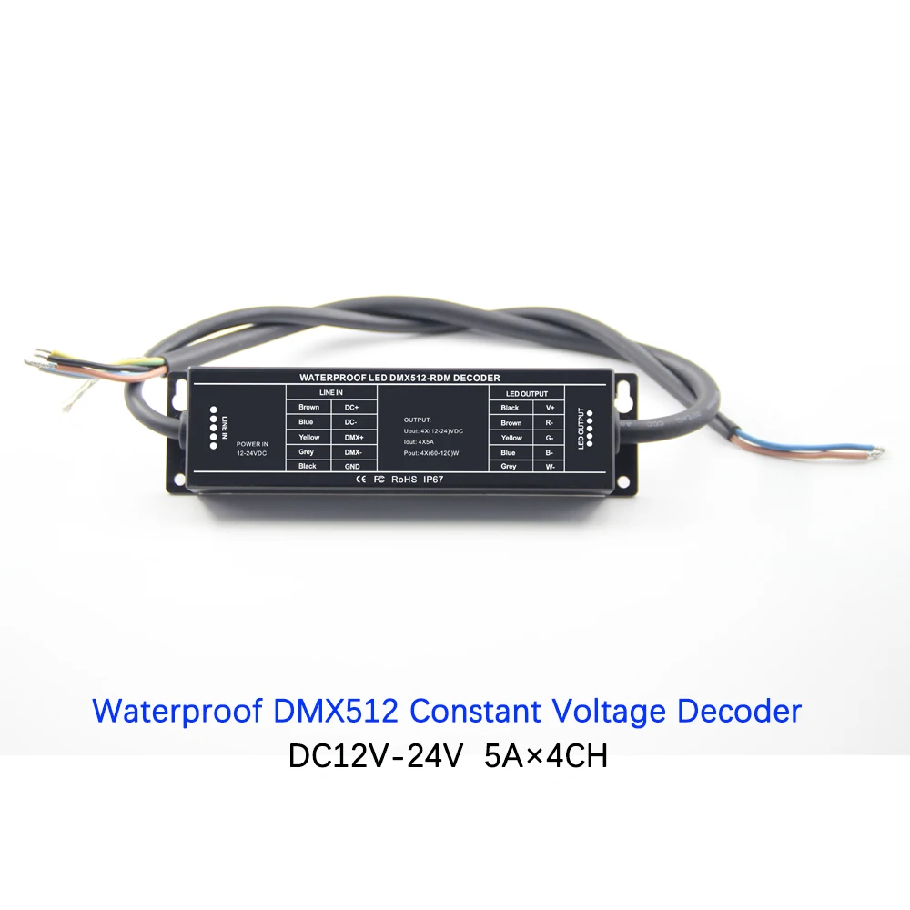 5A×4CH Waterproof DMX512 Constant Voltage Decoder RGBW LED Controller 12V DC 24V Input DMX512/1990 output PWM  For CV LED lamps