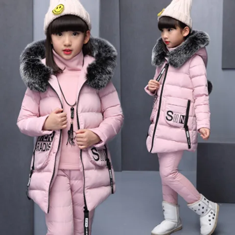 Комплекты теплой зимней одежды для девочек теплая куртка с капюшоном из искусственного меха+ свитер с рукавами в стиле пэчворк+ штаны комплект из 3 предметов, детская одежда для девочек От 5 до 13 лет