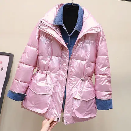 pink Плотное теплое хлопковое Стеганое пальто, водонепроницаемая зимняя куртка, Женские глянцевые пуховики, хлопковые куртки, женские модные джинсовые куртки-парки - Цвет: pink