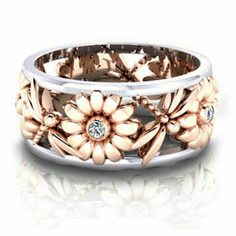 

New Creative Elegant Sunflower Dragonfly Hollow Finger Ring Women Jewelry Two-Tone Color Party Wedding Rings