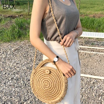 

[BXX] Handmade Woven Round Handbag 2020 Spring Summer Vintage Straw Rope Knitted Messenger Bag Lady Bag Summer Beach Totes HK808