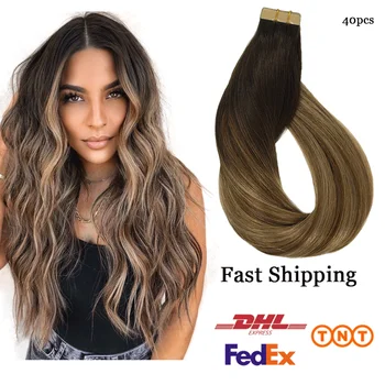 

40pcs Tape in Human Hair Extensions Seamless Skin Weft Hair Extensions Straight Highlights 100% Human Hair Remy Adhesive14"-24"