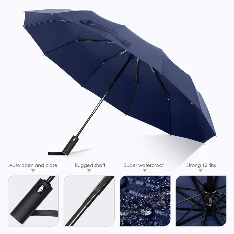 12 ребер ветрозащитный дорожный зонтик с тефлоновым навесом, Удлиненная ручка с кнопкой автоматического открытия и закрытия, компактная защита от R