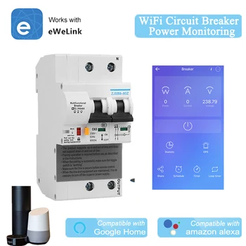

EWelink 2P WiFi Circuit Breaker Power Monitoring Meter Function Smart MCB Alexa Google Home Compatible Lan Control IFTTT Support