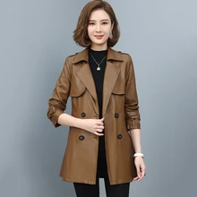 

New Women Genuine Leather Trench Coat Spring 2022 Elegant Fashion Solid Color Medium Long Slim Sheepskin Leather Blazer Tops
