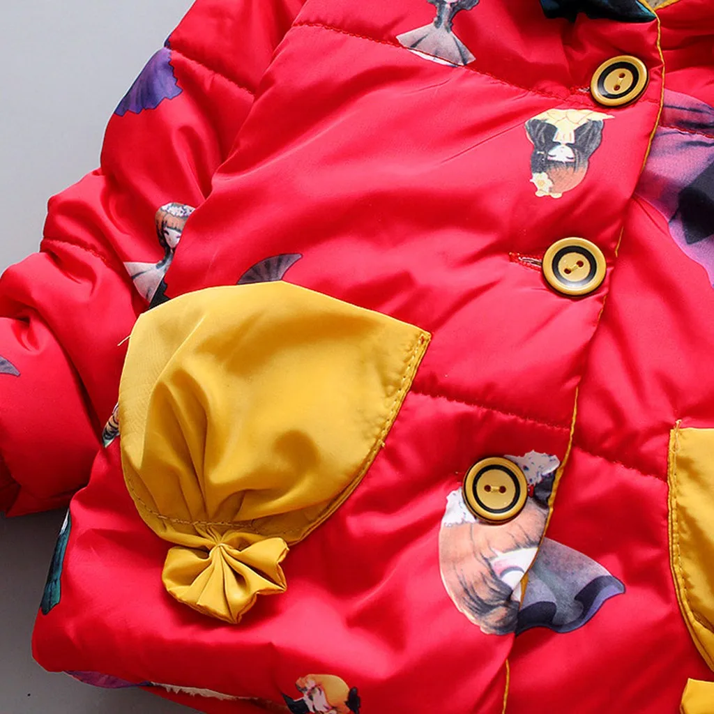 Детская зимняя теплая куртка-пуховик на пуговицах с принтом из мультфильма для девочек пальто с капюшоном одежда для малышей Одежда для детей