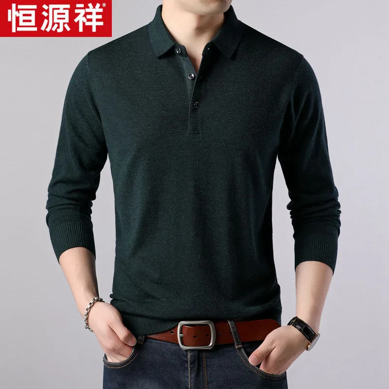 

HYX Genuine Product Autumn New Style Fold-down Collar Solid Color Long Sleeve yang mao t xu Sweater Middle-aged MEN'S Top