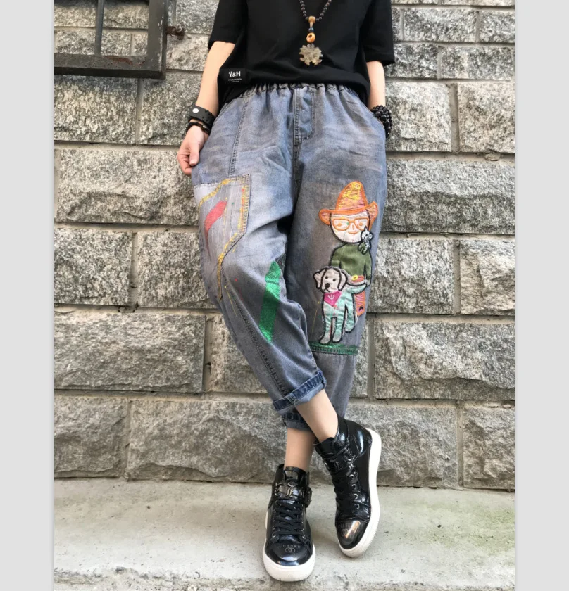 

All Match Elastic Waist Mom Jeans Woman Embroidery Bronzing Ankle-Length Pants Cartoon Washed Denim Light Blue Cross Pants