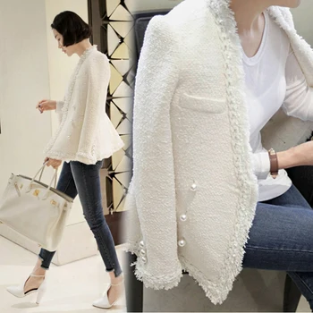 

2019 Brand Lady Winter Pearls Tassels Woolen Jacket Coat Women Vintage Casaco Femme Warm Tweed Jacket Elegant Overcoat 4.7