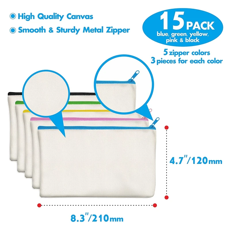 Estojo em branco de lona de algodão, artesanato DIY, sacos com zíper, bolsas para maquiagem, cosméticos de higiene pessoal, armazenamento estacionário, 15 Pack