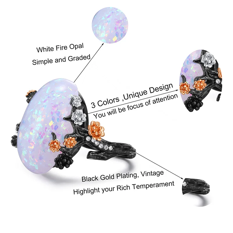 Женское кольцо с цветком сливы AMORUI белый натуральный камень опал винтажные