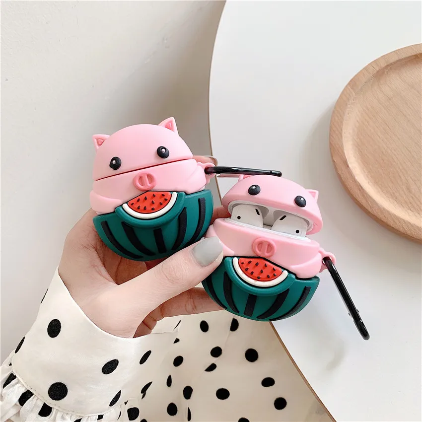 

3D cartoon Watermelon pig funny PVC Silicone soft headset case For Apple new Airpods 1/2 Cover Wireless Bluetooth Earphone case