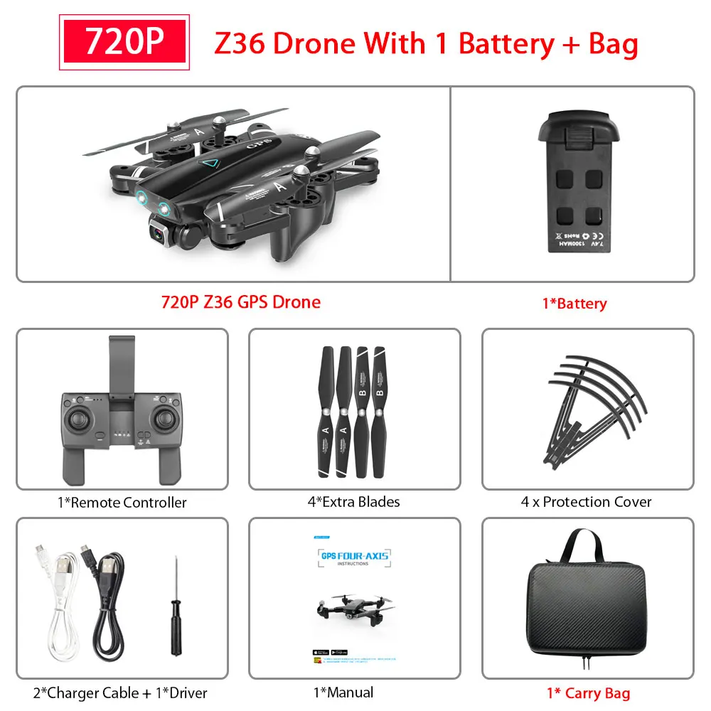 ZWN Z36 gps Квадрокоптер с 720P 1080P 4K HD камерой Rc вертолет gps фиксированная точка Wi-Fi FPV Дрон следуем за мной режим vs SG900-S E520S - Цвет: 720P 1B Carry Bag