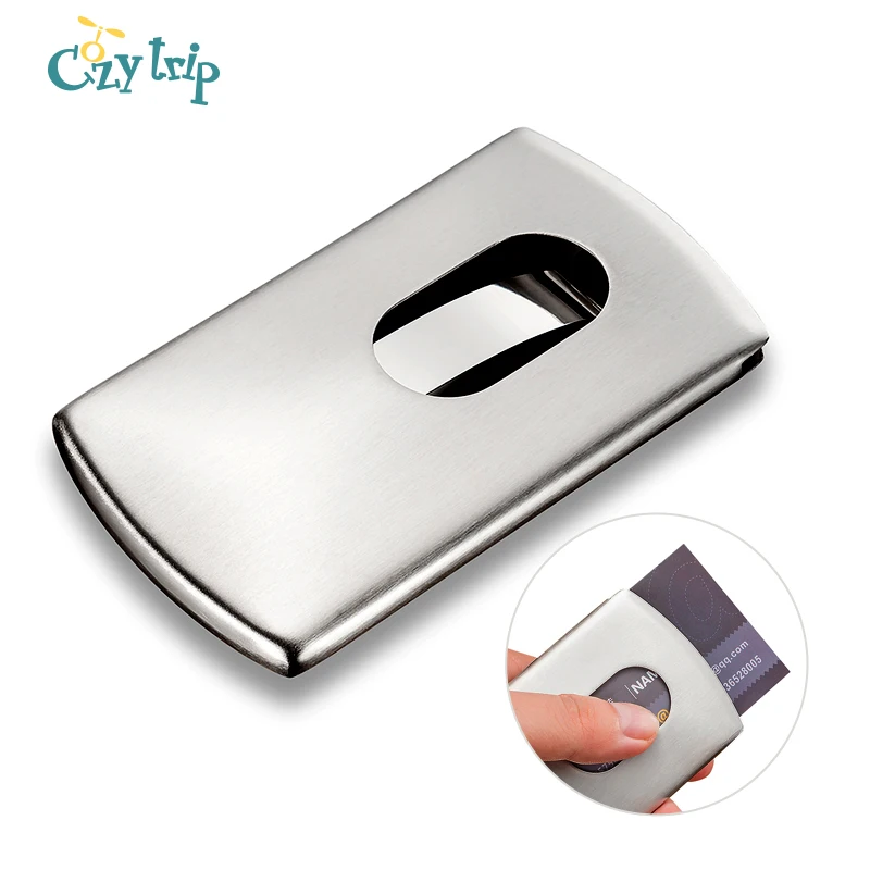 

Silver Stainless Steel with Leather Business Name Card Holder Professional Pop UP Pocket Credit Card Case for Men and Women