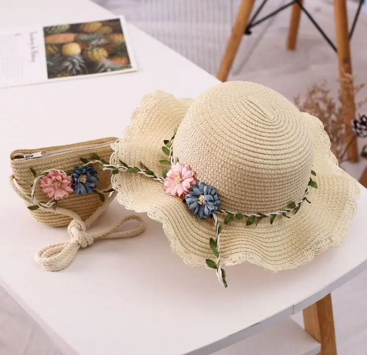 Sun Hat Sun Protection Hat Children Straw Hat + Shoulder Bag Tote bags Summer Kids Girl Baby 2pcs a Set Cute Floral Sun Hat Bucket Gorros