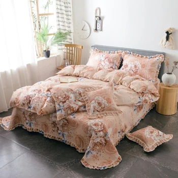 

3/4/6 Pcs Bed Cover+Pillowcases+Quilt Cover Khaki Flowers Bedspread Summer Blanket/Sheet Fold Edge Quilt 1.2/1.5/1.8m Bed