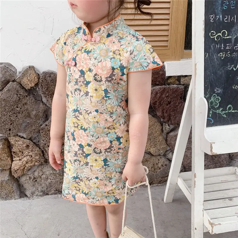 best baby dresses Half Sleeves Qipao For Girls Summer Floral Mini Dress 1-10 Years Teenager Chinese Style Cheongsam Traditional Ethnic Costumes baby girl skirt Dresses