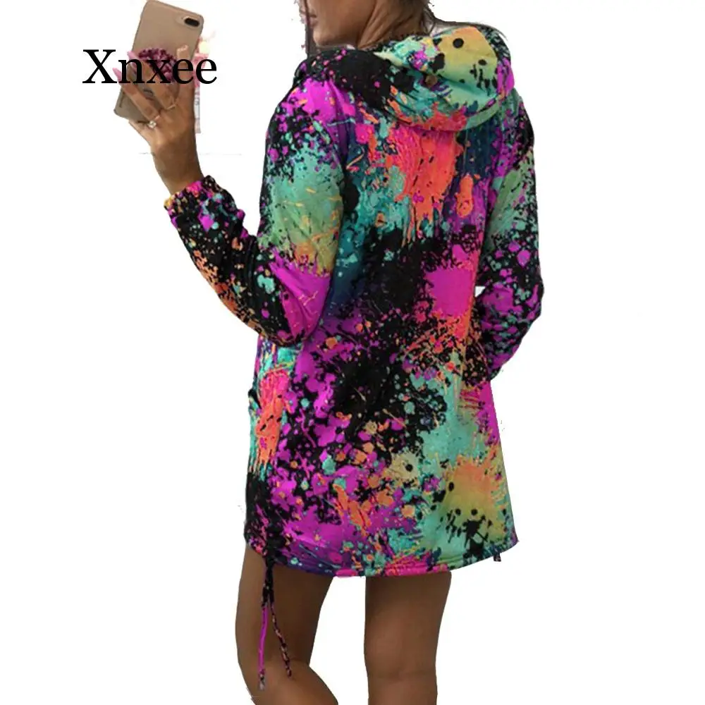 Plus Size Autumn Winter Women Jackets Tie Dyeing Zipper Fashion Hooded Long Sleeve Pocket Casual Slim Jackets thin rainbow