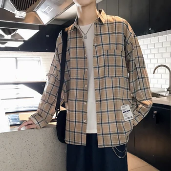 

2020 Korean Style Men's New Pattern Coats Long Sleeve Shirts Lattice Printing Fashion Trend Long Sleeve 4 Color Shirt M-2XL