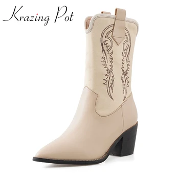 

Krazing Pot genuine leather pointed toe high heel western boots patchwork vintage elegant young lady casual mid-calf boots L7f2