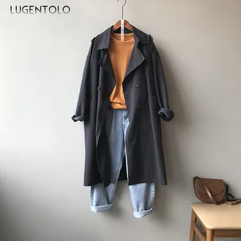 

Lugentolo Long Coat Women Autumn Trench Loose Solid Color Turndown Collar New Long Sleeve Button Temperament Fashion Trench