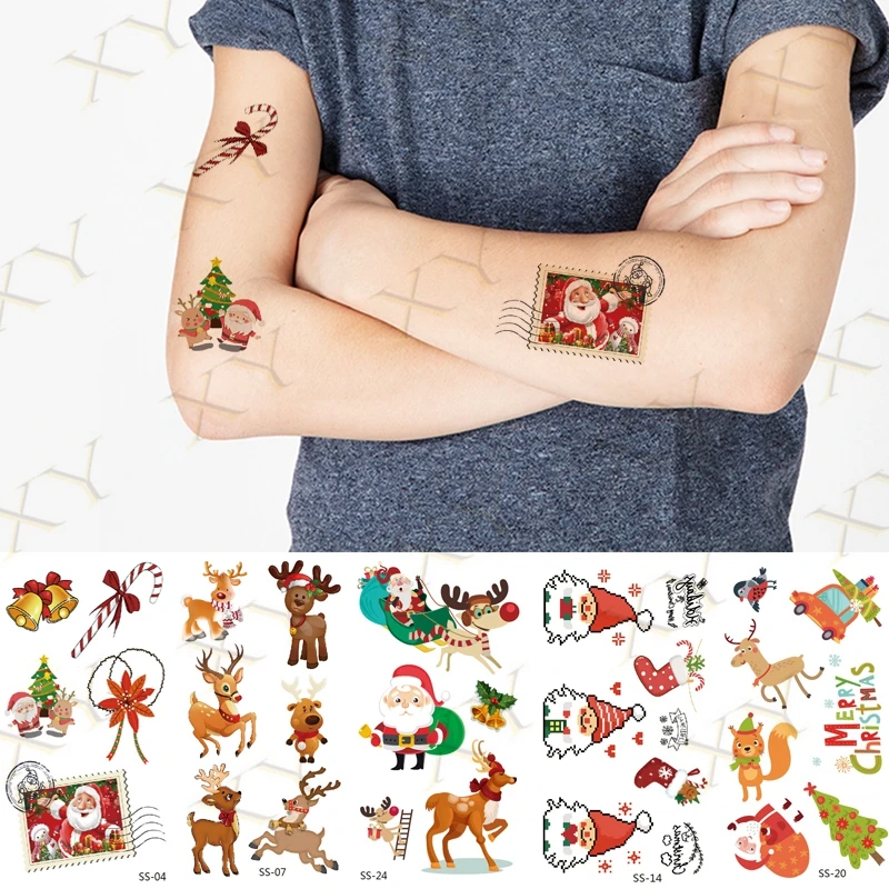 

Christmas Waterproof Temporary Tattoo Stickers Cartoo Elk Tatto Stamp Maple Leaf Body Art Flash Fake Tatoo for Men Women Kids