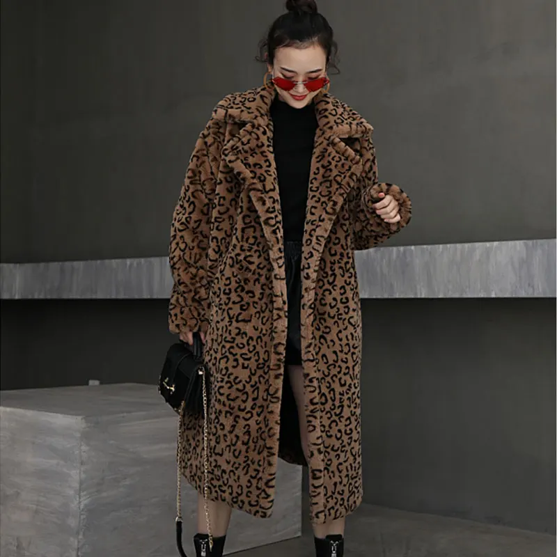 

Female Winter New Turn Down Collar Long Faux Fur Coat Women Thick Warm Flocking Fur Jacket Fashion Leopard Plus Size Parka